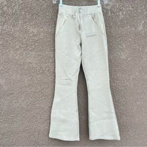Maniere‎ De Voir Womens Pants Wide Leg Rib Knit Flare Neutral Light Academia